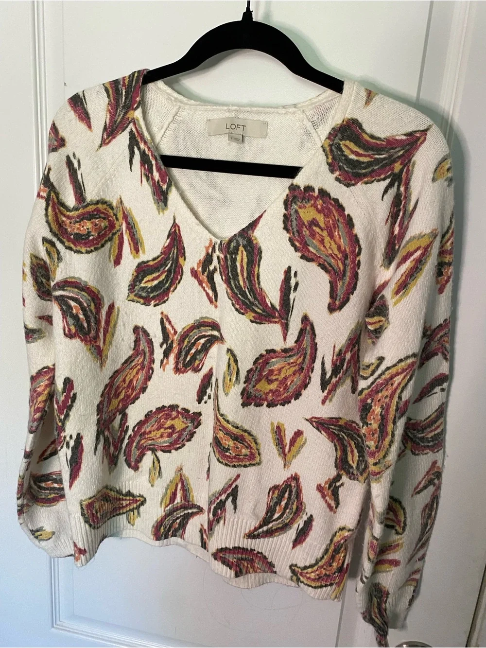 LOFT Cream V-Neck Sweater with Pink, Yellow and Green Paisley